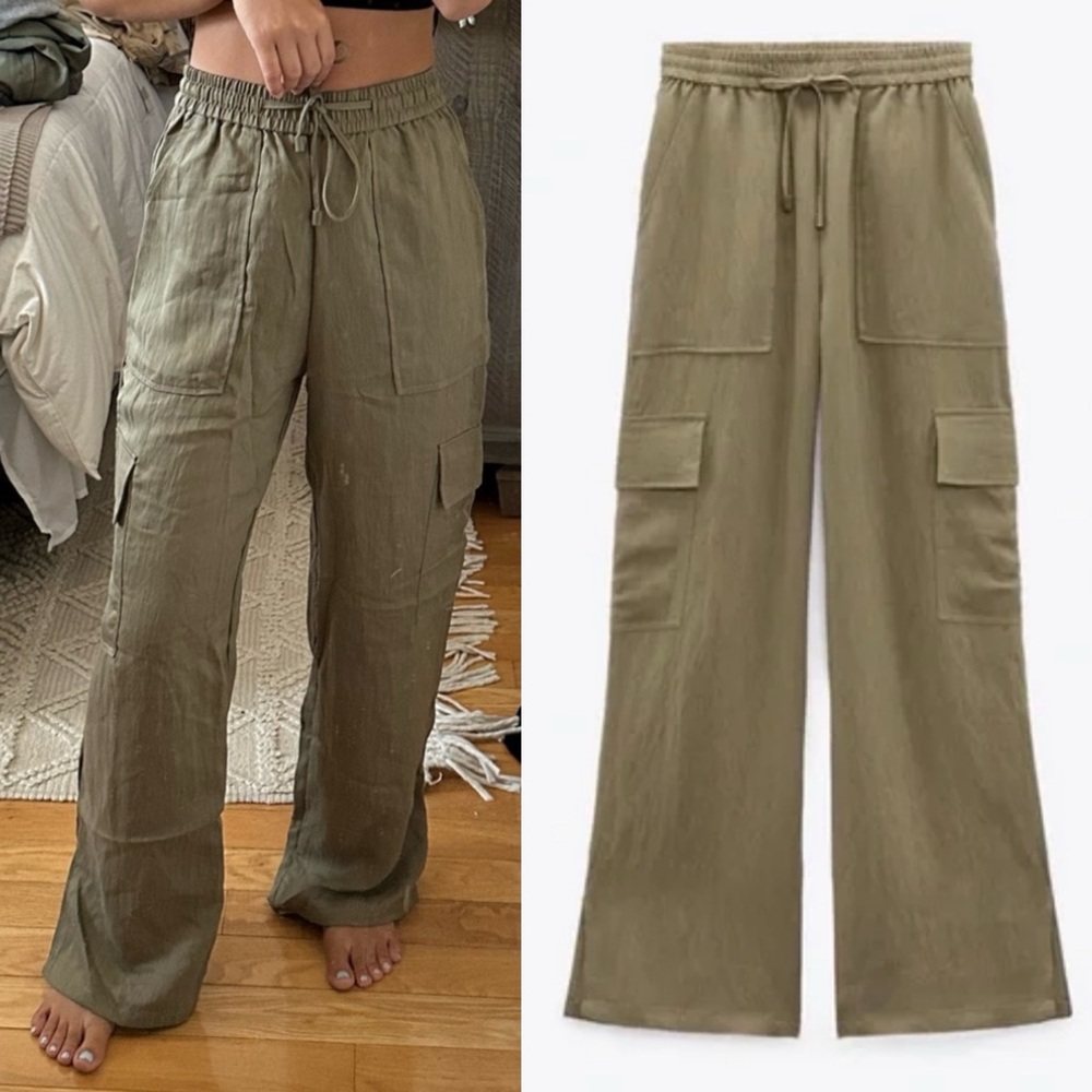 ZARA FULL LENGTH CARGO PANTS KHAKI ARMY GREEN FLOWY DRAWSTRING 2949/023 XS